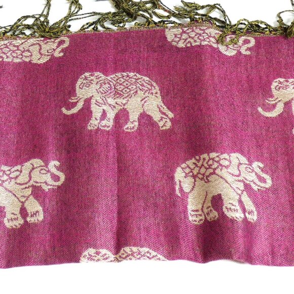 Silk Cashmere Scarf Pink Pashmina Thailand Gold Embossed Elephant Lucky Romantic - Picture 2 of 8